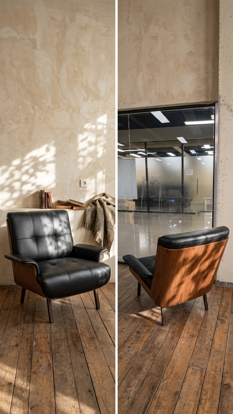 ლაუნჯის სკამი ნატურალური ტყავითა და ხით.