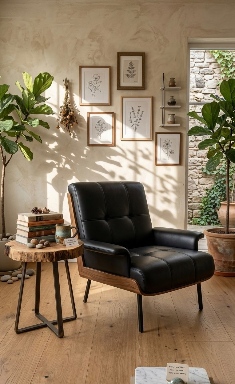 ლაუნჯის სკამი ნატურალური ტყავითა და ხით.