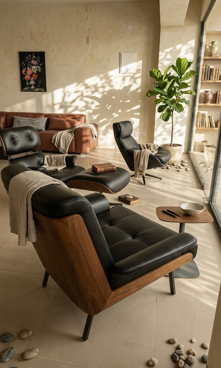 ლაუნჯის სკამი ნატურალური ტყავითა და ხით.