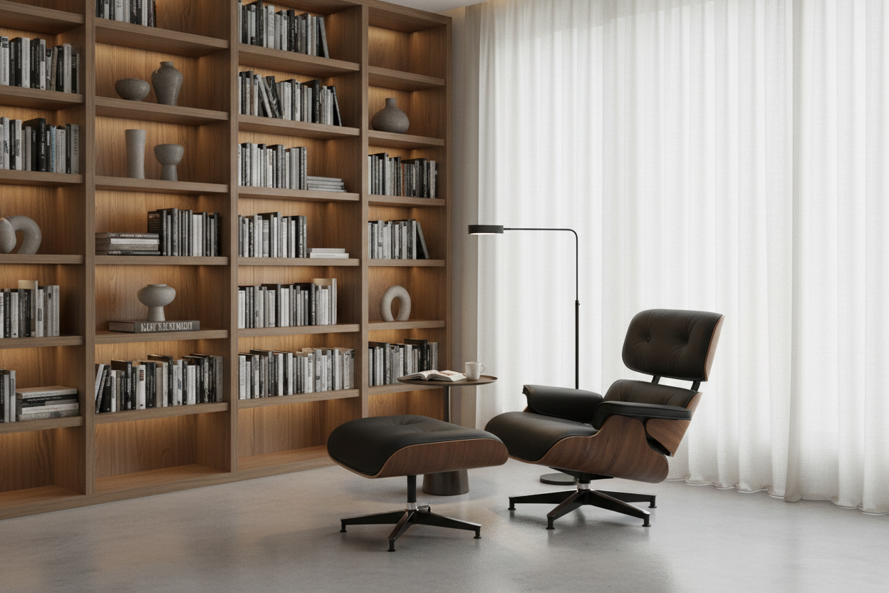 Elm Lounge Chair and Ottoman. ლაუნჯის სკამი ფეხის დასადებით.